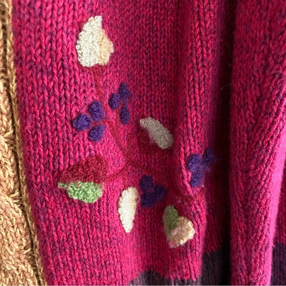 Erika‎ Colorful Crochet Color Block Floral Long Sleeve Wood Toggle Sweater Large